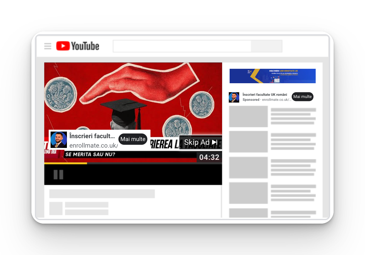 Enrollmate Google Search ad, Romanian university courses